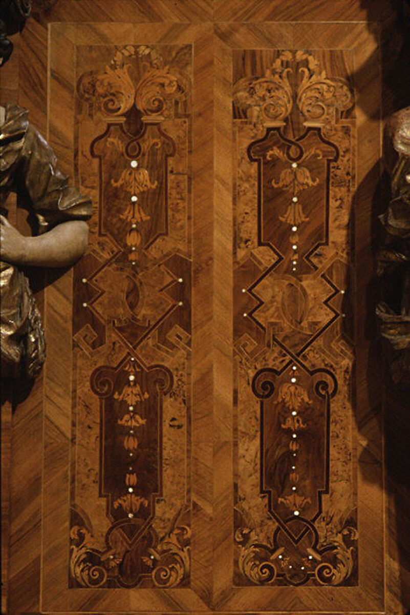 Choir stall panels, Johann Justus Schacht with collaborators, Panel: oak veneered with walnut, boxwod, rosewood, ebony, maple, and other woods, ivory, green-stained horn, and pewter; figures: carved and painted limewood, German, Mainz