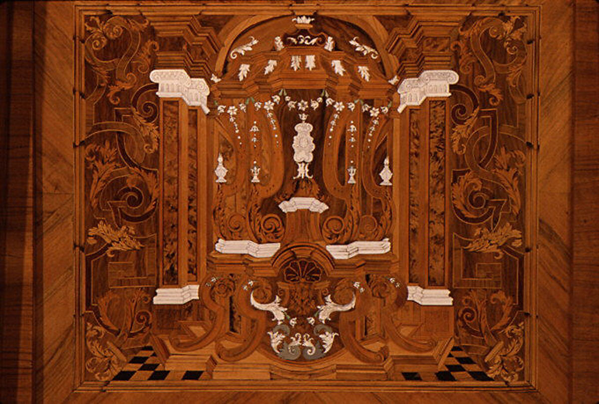 Choir stall panels, Johann Justus Schacht with collaborators, Panel: oak veneered with walnut, boxwod, rosewood, ebony, maple, and other woods, ivory, green-stained horn, and pewter; figures: carved and painted limewood, German, Mainz