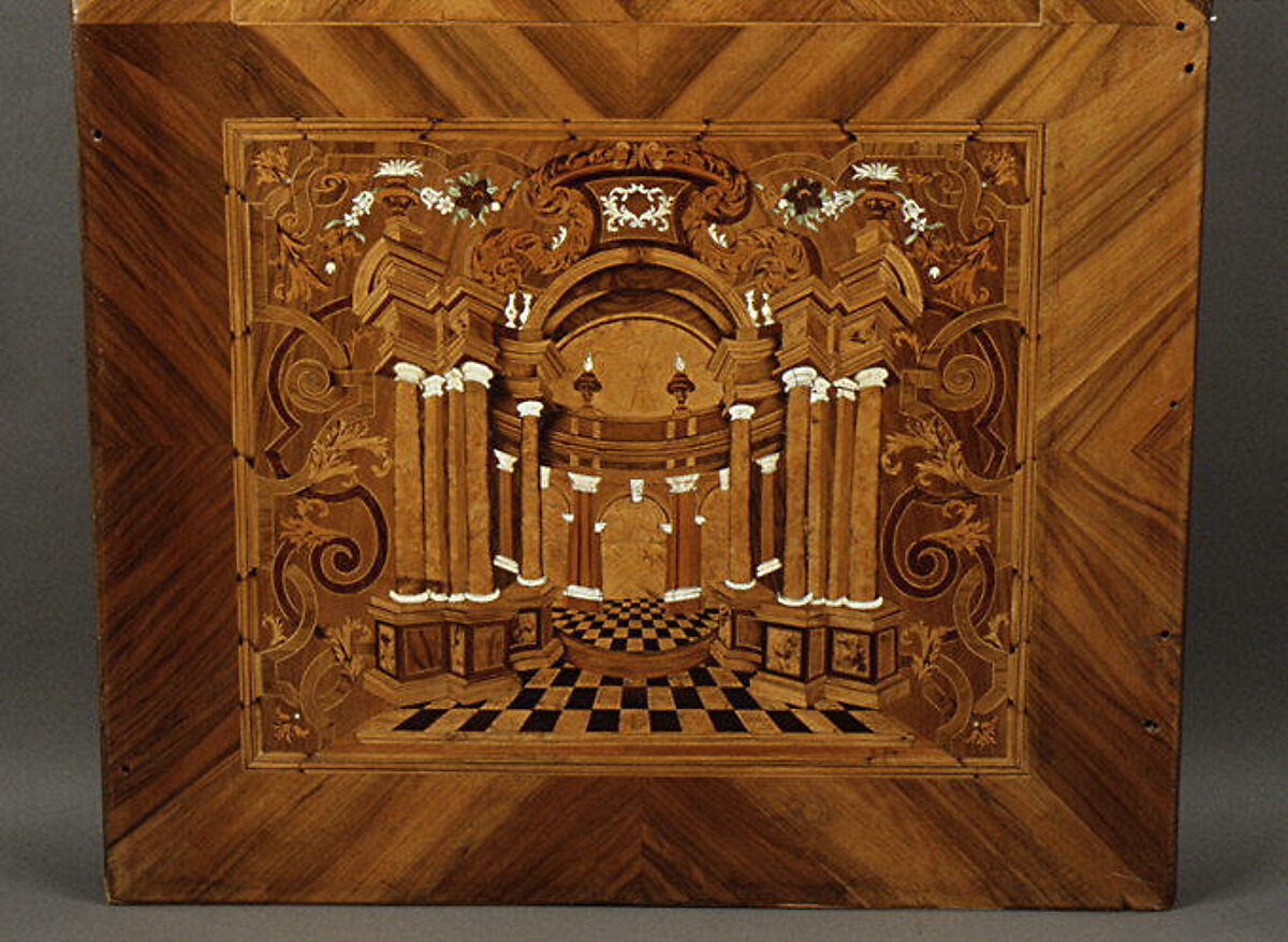 Choir stall panels, Johann Justus Schacht with collaborators, Panel: oak veneered with walnut, boxwod, rosewood, ebony, maple, and other woods, ivory, green-stained horn, and pewter; figures: carved and painted limewood, German, Mainz