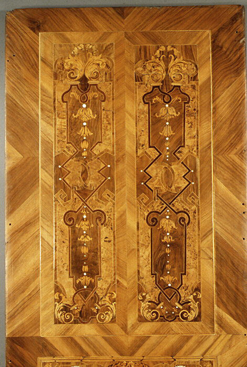 Choir stall panels, Johann Justus Schacht with collaborators, Panel: oak veneered with walnut, boxwod, rosewood, ebony, maple, and other woods, ivory, green-stained horn, and pewter; figures: carved and painted limewood, German, Mainz