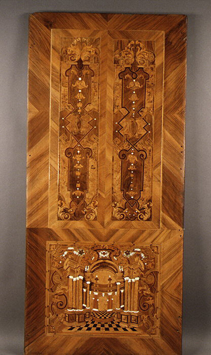 Choir stall panels, Johann Justus Schacht with collaborators, Panel: oak veneered with walnut, boxwod, rosewood, ebony, maple, and other woods, ivory, green-stained horn, and pewter; figures: carved and painted limewood, German, Mainz