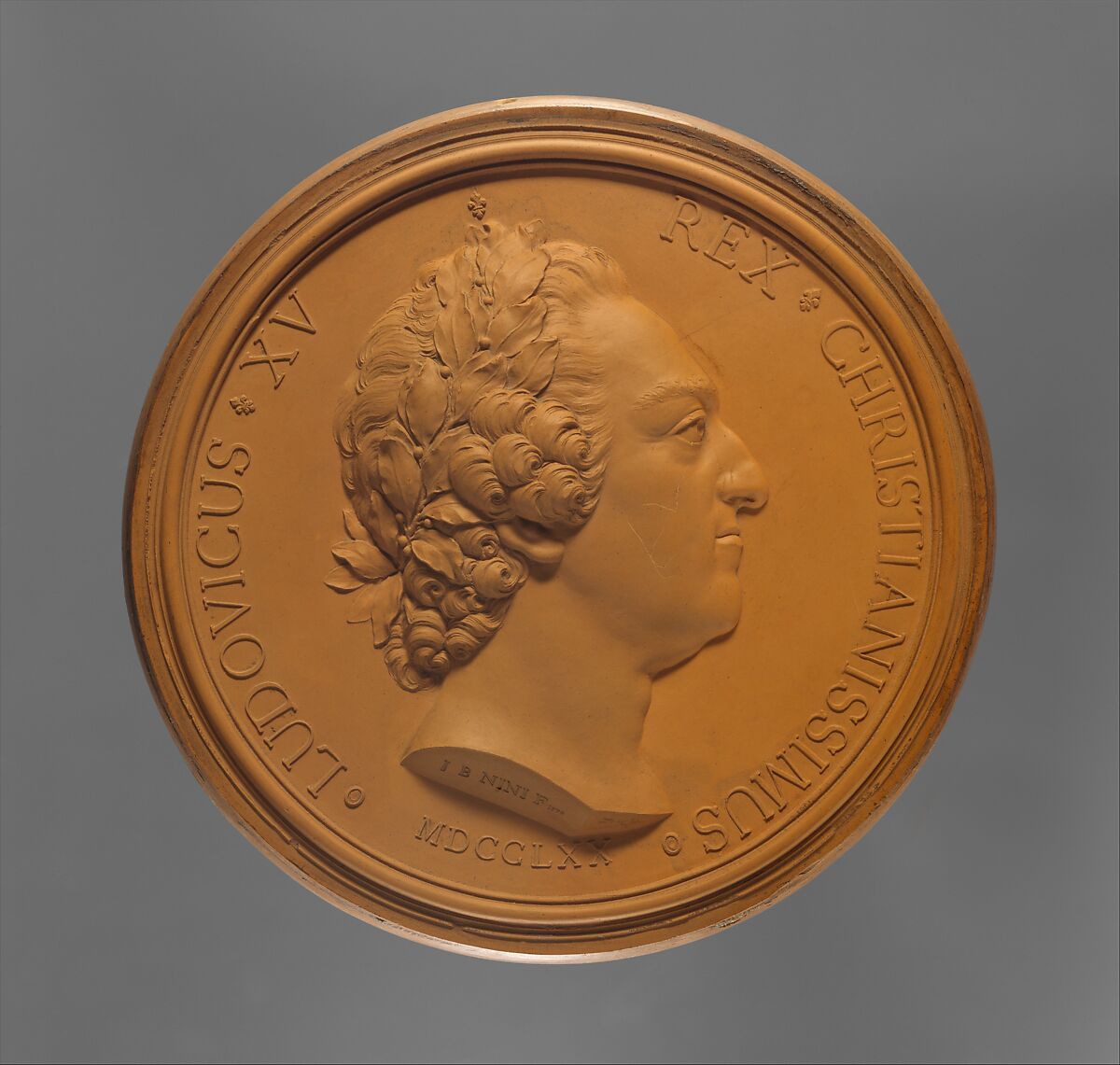 Louis XV (1710–1774), Jean-Baptiste Nini (Italian, Urbino 1717–1786 Chaumont-sur-Loire), Medallion: cast terracotta (terre de Chaumont); frame: gilt wood, French, Chaumont-sur-Loire 