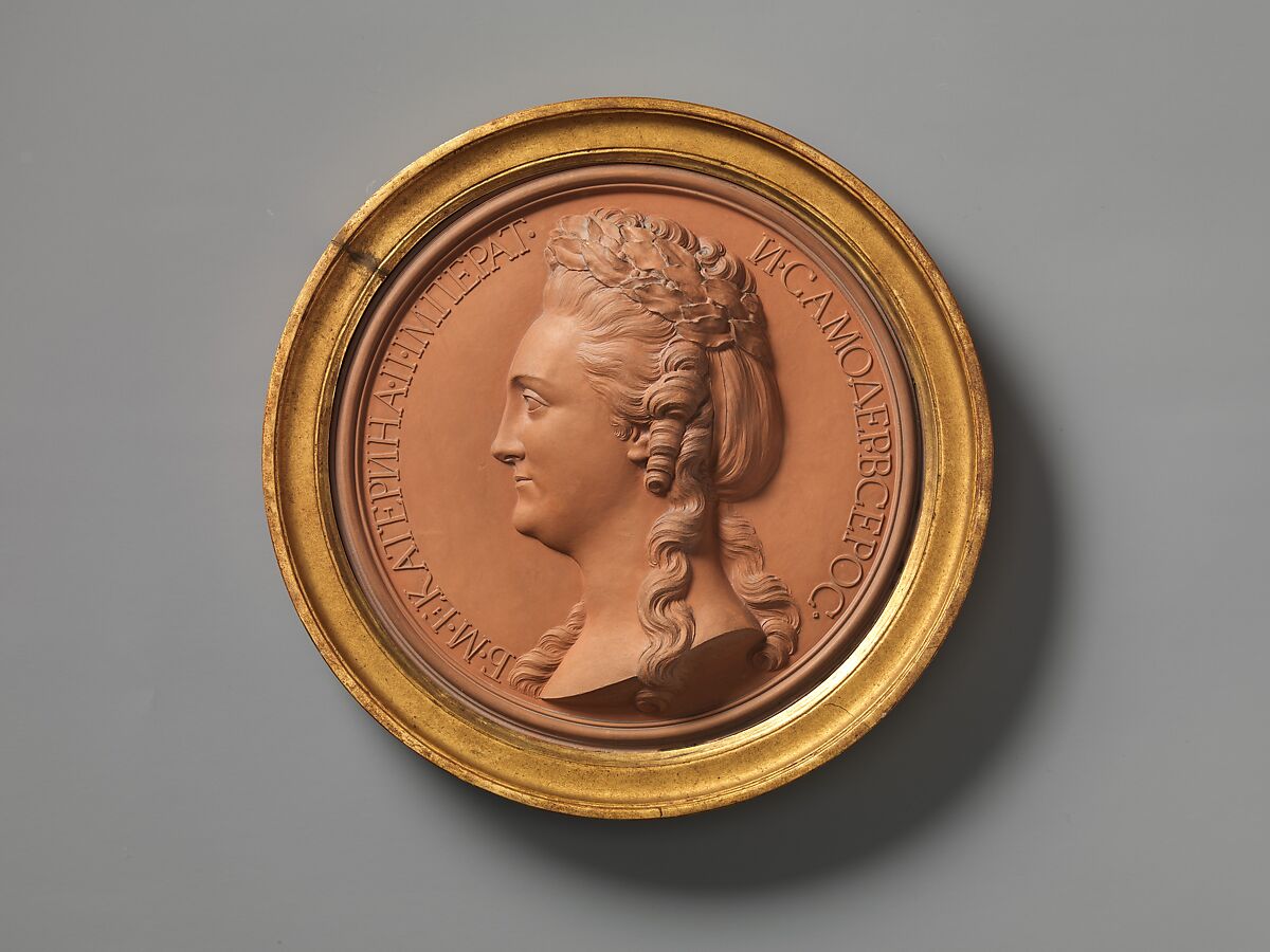 Catherine II The Great, Empress of Russia, Jean-Baptiste Nini  Italian, Medallion: cast terracotta (terre de Chaumont); frame: gilt wood, French, Chaumont-sur-Loire