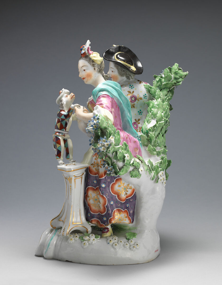 Youth playing hurdy-gurdy, girl teaching dog dressed as harlequin to dance, Derby Porcelain Manufactory (British, 1751–1785), Soft-paste porcelain, British, Derby