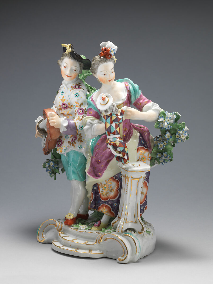 Youth playing hurdy-gurdy, girl teaching dog dressed as harlequin to dance, Derby Porcelain Manufactory (British, 1751–1785), Soft-paste porcelain, British, Derby 