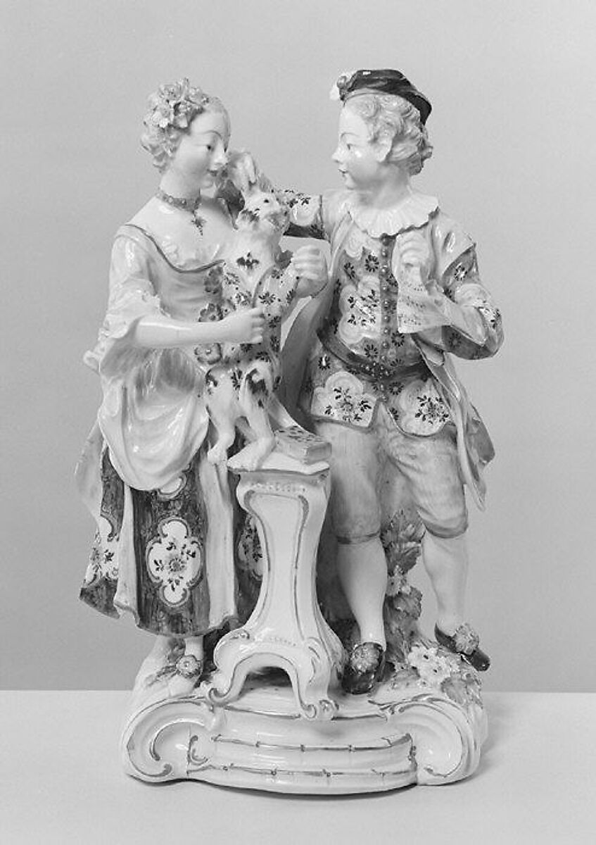 Man and girl with dog dressed as harlequin, Derby Porcelain Manufactory (British, 1751–1785), Soft-paste porcelain, British, Derby 