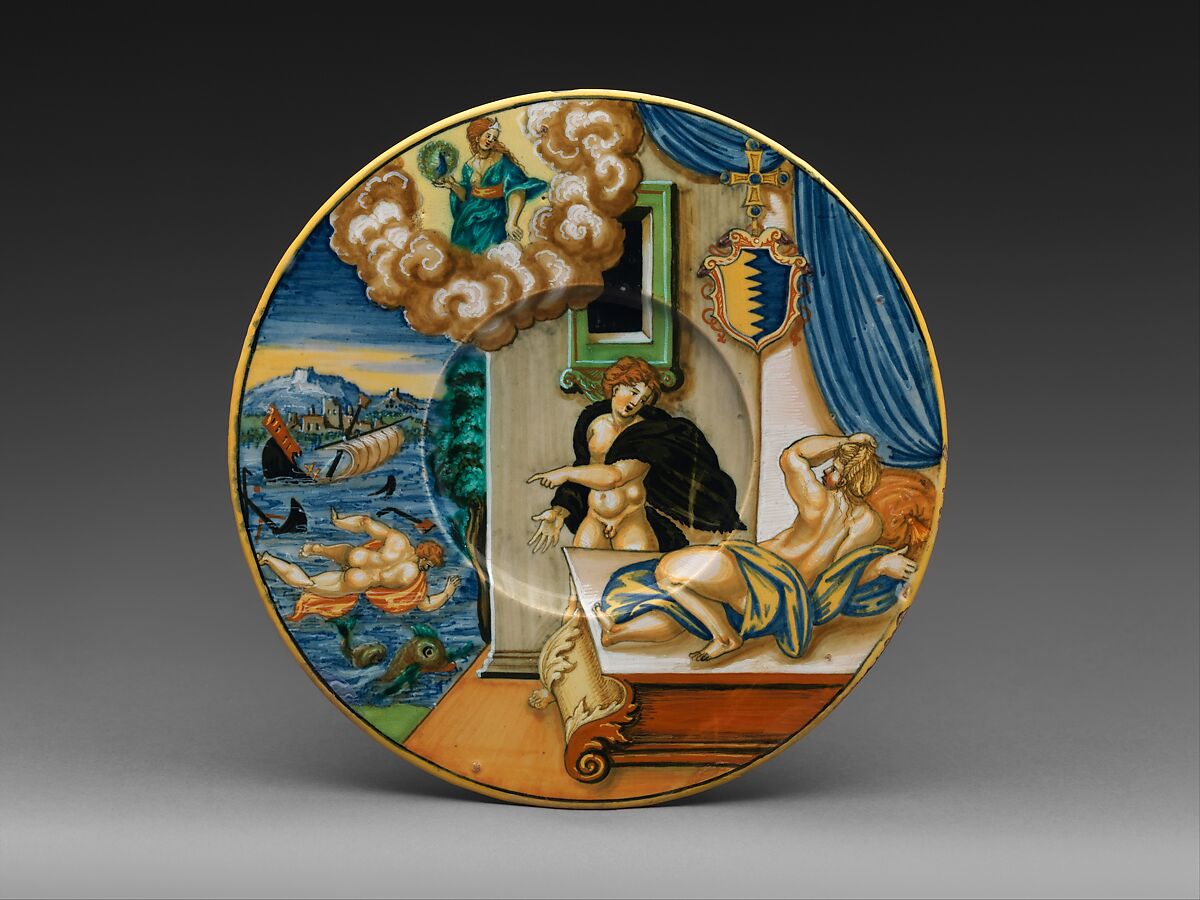Plate with The Vision of Alcyone and arms of Jacopo Pisaro, Painted by Fra Xanto Avelli da Rovigo (ca. 1486–1582), Maiolica (tin-glazed earthenware), lustered, Italian, Urbino with Urbino or Gubbio luster 