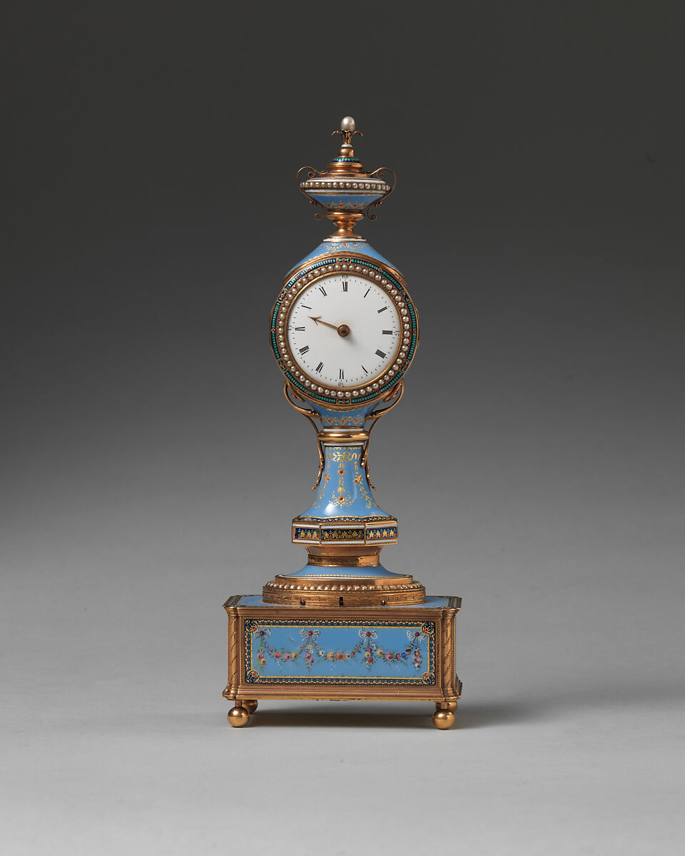 Boudoir clock, Clockmaker: Firm of Jaquet-Droz &amp; Leschot, London and Geneva (1752–1791), Gold, enamel, British, London with Swiss, Geneva case 