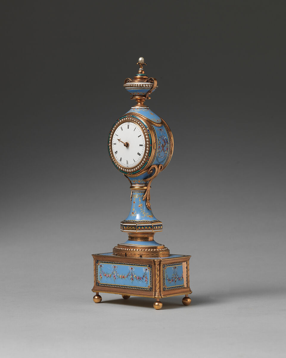 Boudoir clock, Clockmaker: Firm of Jaquet-Droz &amp; Leschot, London and Geneva (1752–1791), Gold, enamel, British, London with Swiss, Geneva case