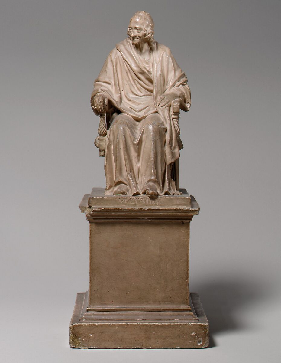 Seated Voltaire, Workshop of Jean Antoine Houdon (French, Versailles 1741–1828 Paris), Plaster, tinted to imitate terracotta, French, Paris 
