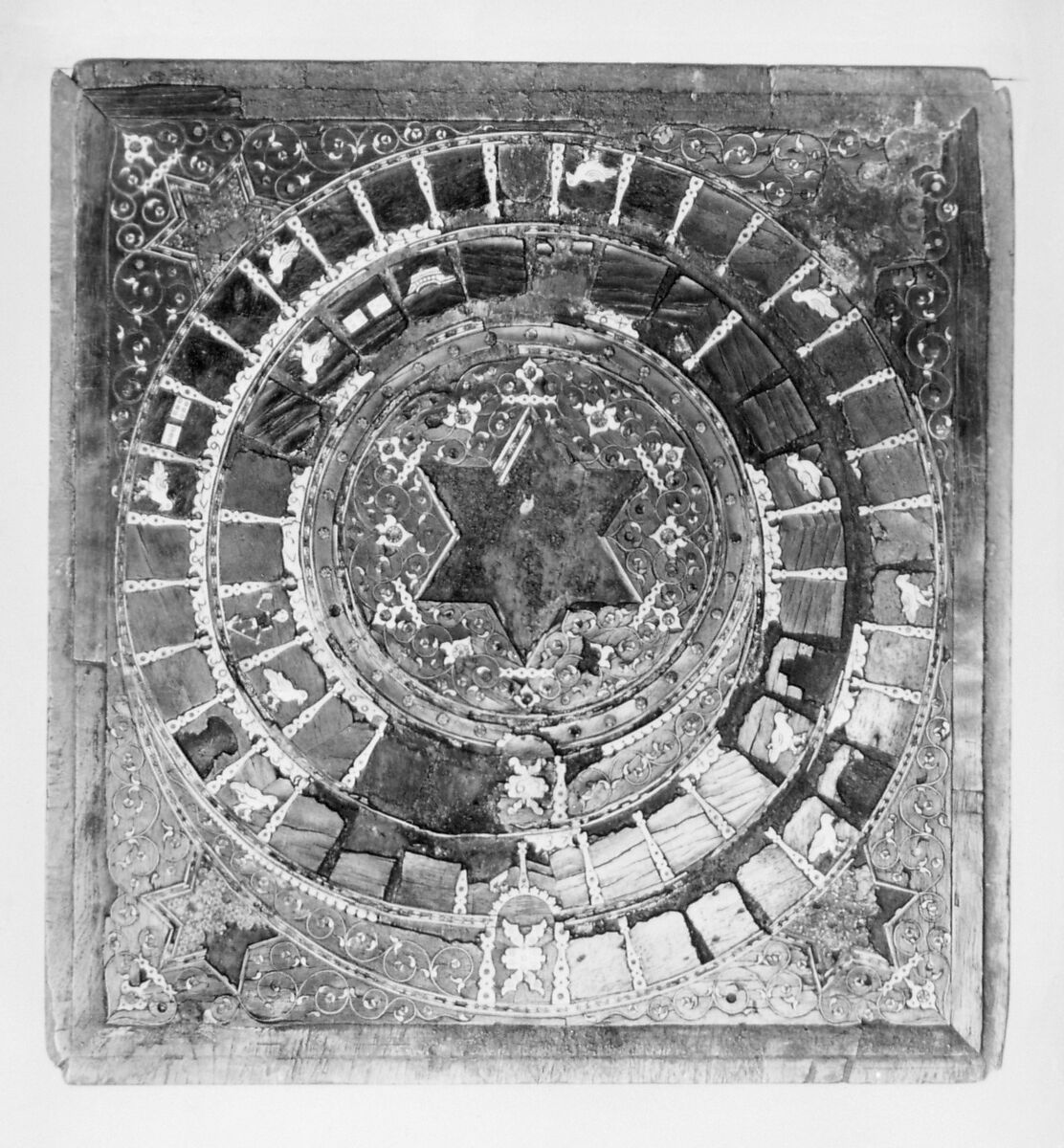 Chess and goose game board, Wood, ivory, brass, probably Moroccan