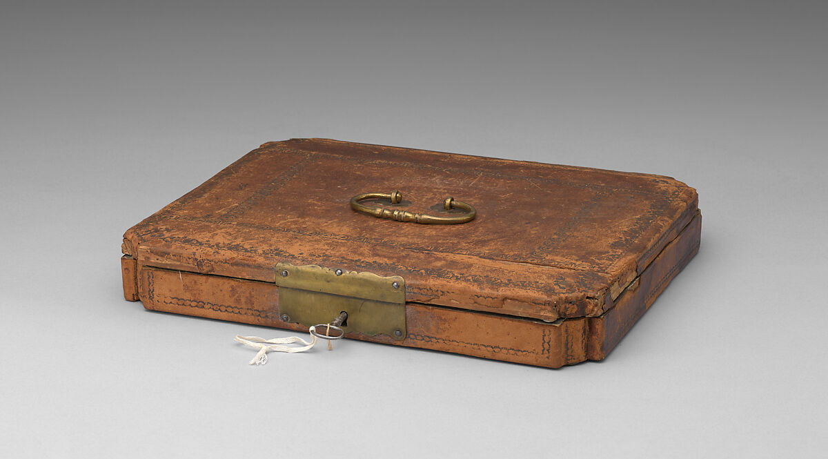 Chessmen (32) and board with case, Chessmen: porcelain; board: leather, parchment; case: leather, brass, German, Meissen