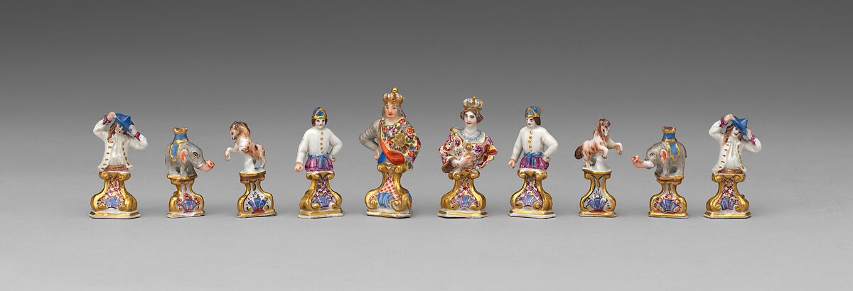 Chessmen (32) and board with case, Chessmen: porcelain; board: leather, parchment; case: leather, brass, German, Meissen