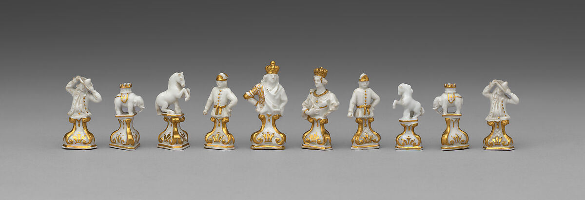 Chessmen (32) and board with case, Chessmen: porcelain; board: leather, parchment; case: leather, brass, German, Meissen
