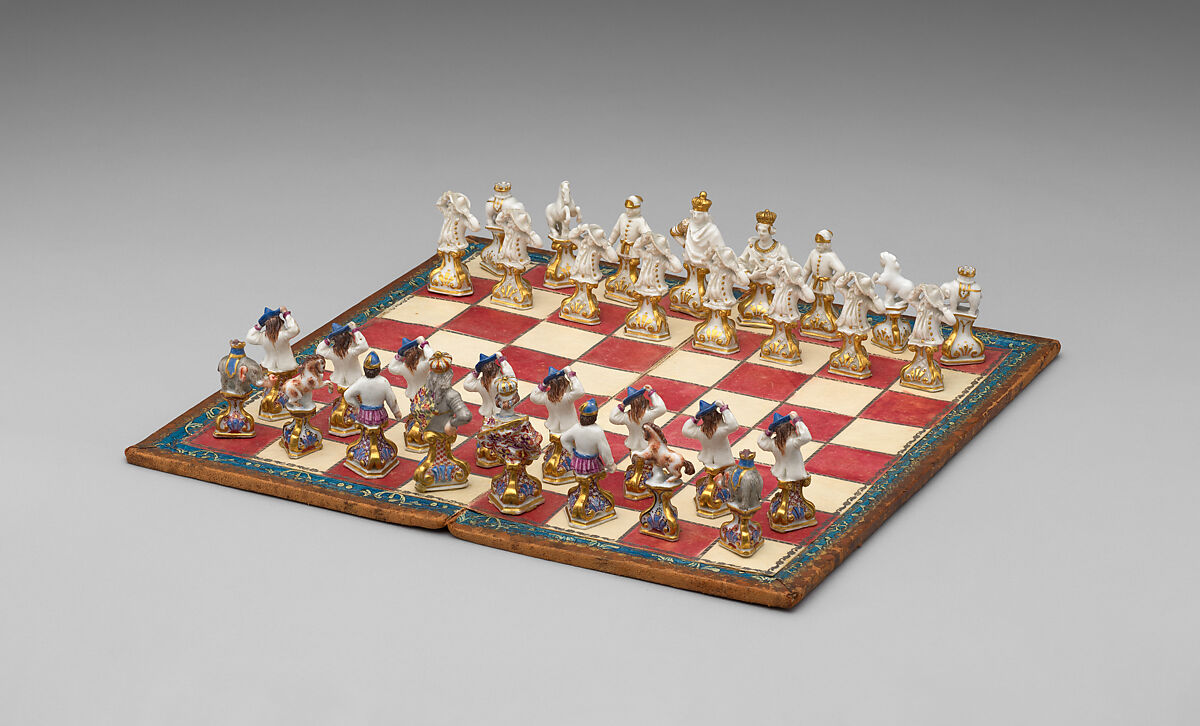 Chessmen (32) and board with case, Chessmen: porcelain; board: leather, parchment; case: leather, brass, German, Meissen