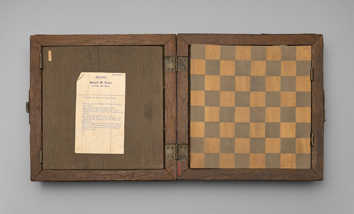 Chess set and box-board, Base metal, silvered, and silver-gilt, Indian or Turkish chessmen with probably German bases