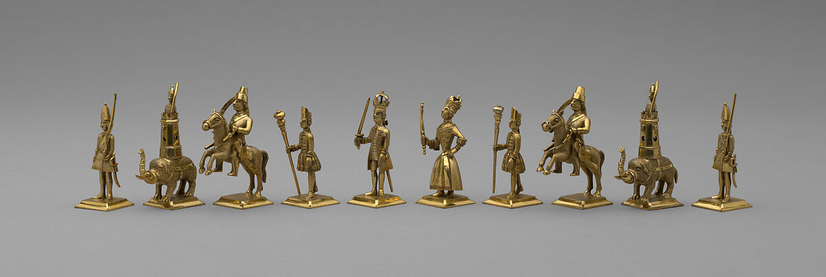 Chess set and box-board, Base metal, silvered, and silver-gilt, Indian or Turkish chessmen with probably German bases