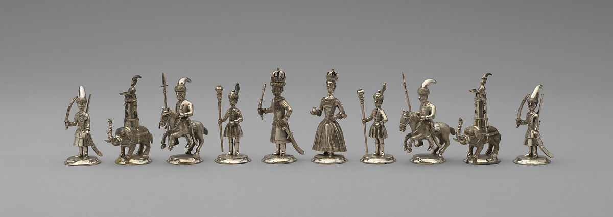Chess set and box-board, Base metal, silvered, and silver-gilt, Indian or Turkish chessmen with probably German bases
