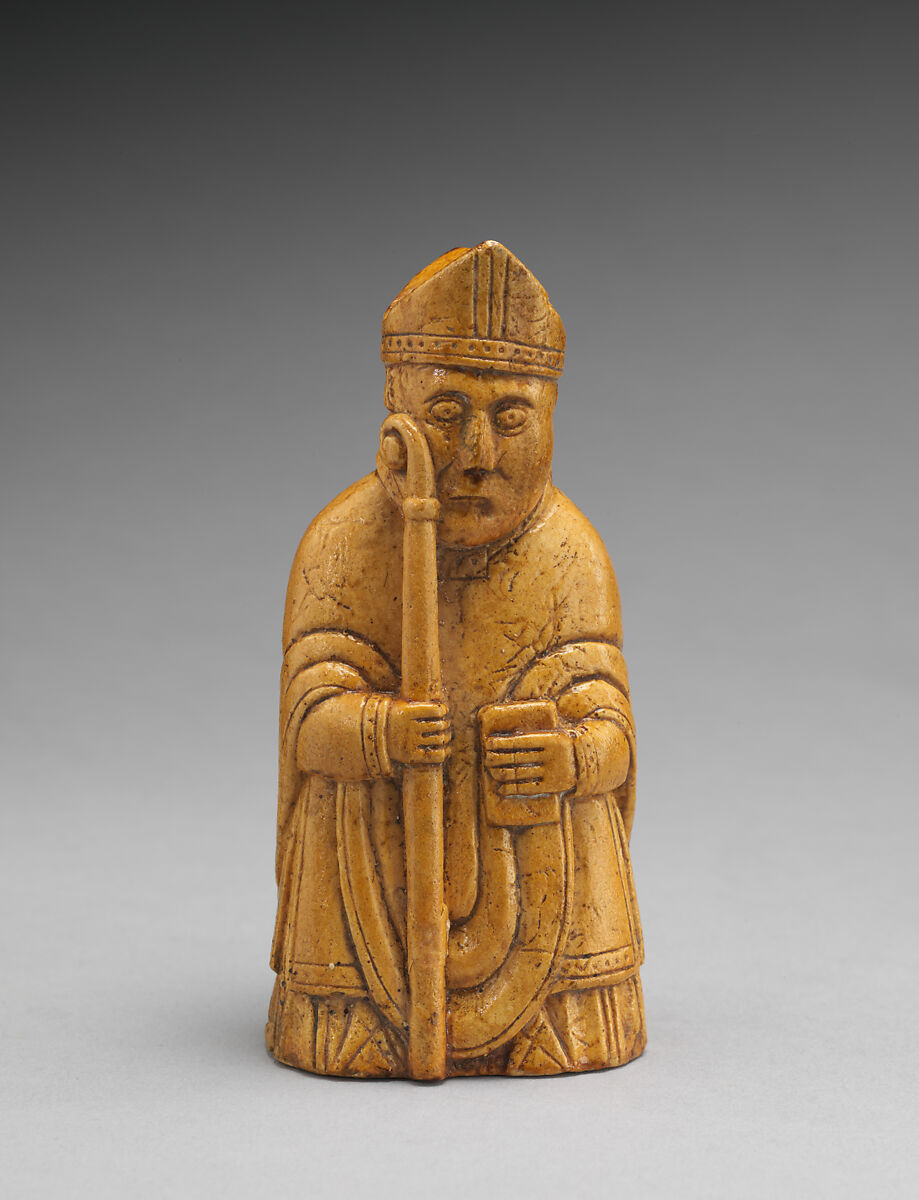 Chessman (Bishop), Elkington &amp; Co. (British, Birmingham, 1829–1963), Plaster, painted yellow; "Fictile ivory", British, Birmingham after a Scandinavian original 