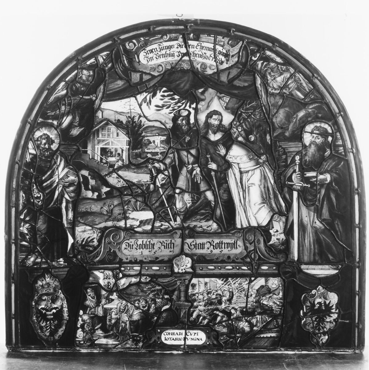 The Encounter on the Way to Emmaus, Painting attributed to Franz Fallenter (Freiburg im Breisgau ca. 1550–ca. 1616 Lucerne), Stained glass, Swiss, Lucerne 