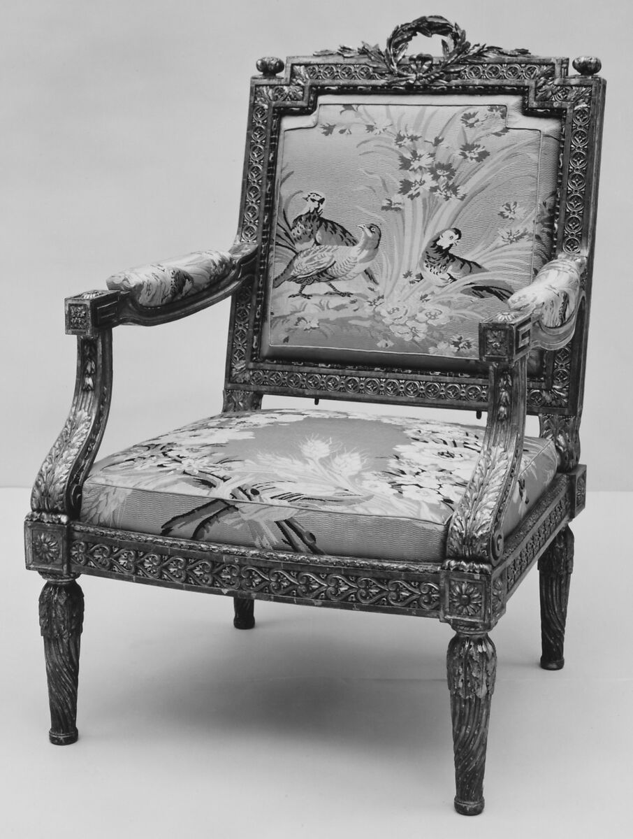 Armchair (one of a pair), Claude Chevigny (master 1768–88), Carved and gilded beech; modern silk brocade, French, Paris