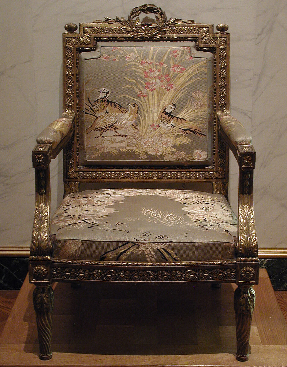 Armchair (one of a pair), Claude Chevigny (master 1768–88), Carved and gilded beech; modern silk brocade, French, Paris 