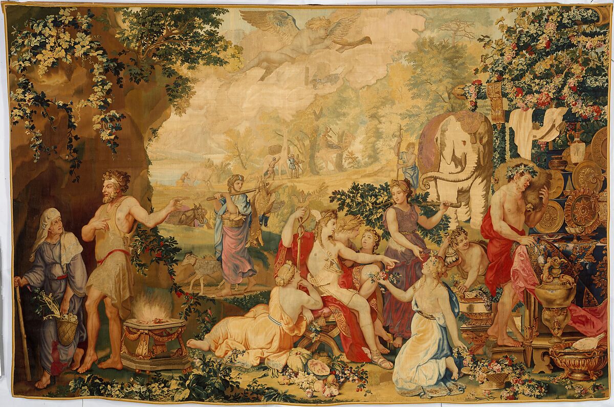 The Festival of Psyche, with Mercury from a set of Mythological Subjects after Giulio Romano, Designed after drawings attributed to Giulio Romano (Italian, Rome 1499?–1546 Mantua), Wool, silk, metal thread (20-26 warps per inch, 8-12 per cm.), French, Paris 