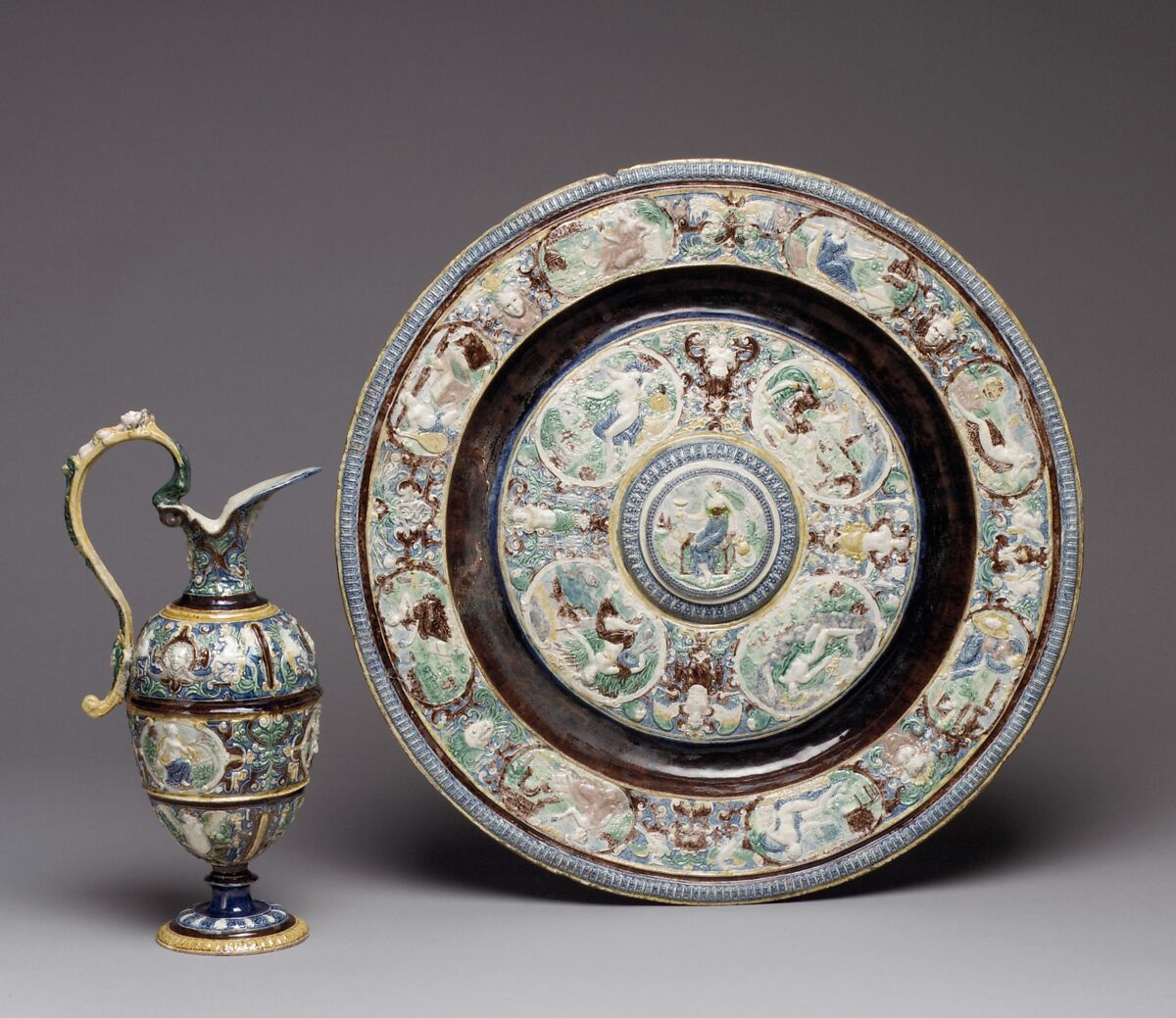 Ewer, Follower of Bernard Palissy (French, Agen, Lot-et-Garonne 1510–1590 Paris), Lead-glazed earthenware, French
