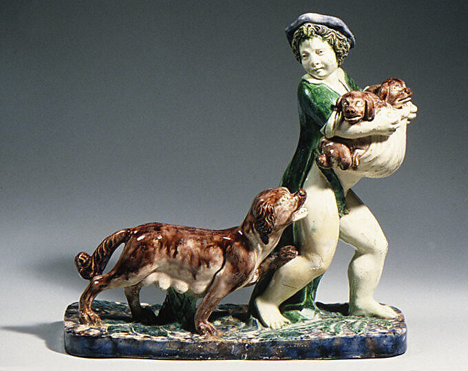 Boy carrying pups, Lead-glazed earthenware, French, Fontainebleau