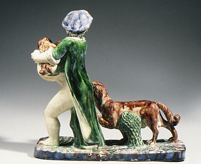 Boy carrying pups, Lead-glazed earthenware, French, Fontainebleau