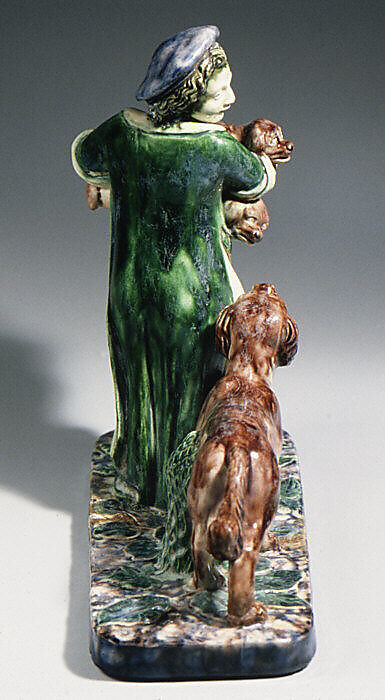 Boy carrying pups, Lead-glazed earthenware, French, Fontainebleau