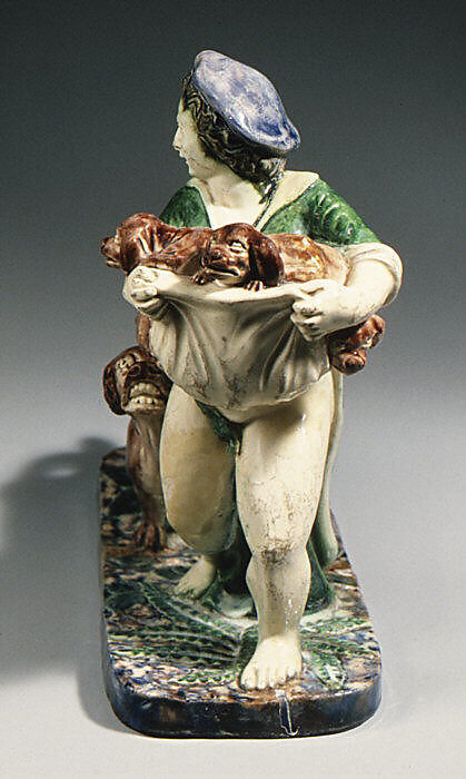 Boy carrying pups, Lead-glazed earthenware, French, Fontainebleau