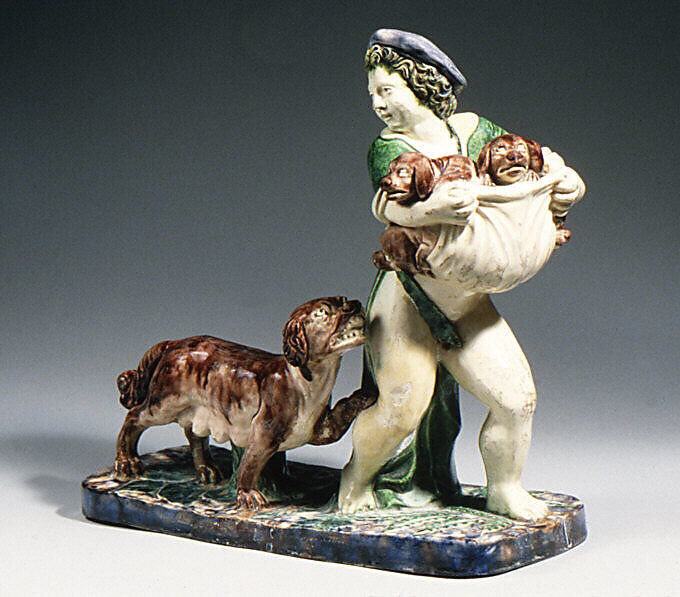 Boy carrying pups, Lead-glazed earthenware, French, Fontainebleau