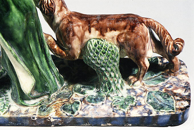 Boy carrying pups, Lead-glazed earthenware, French, Fontainebleau