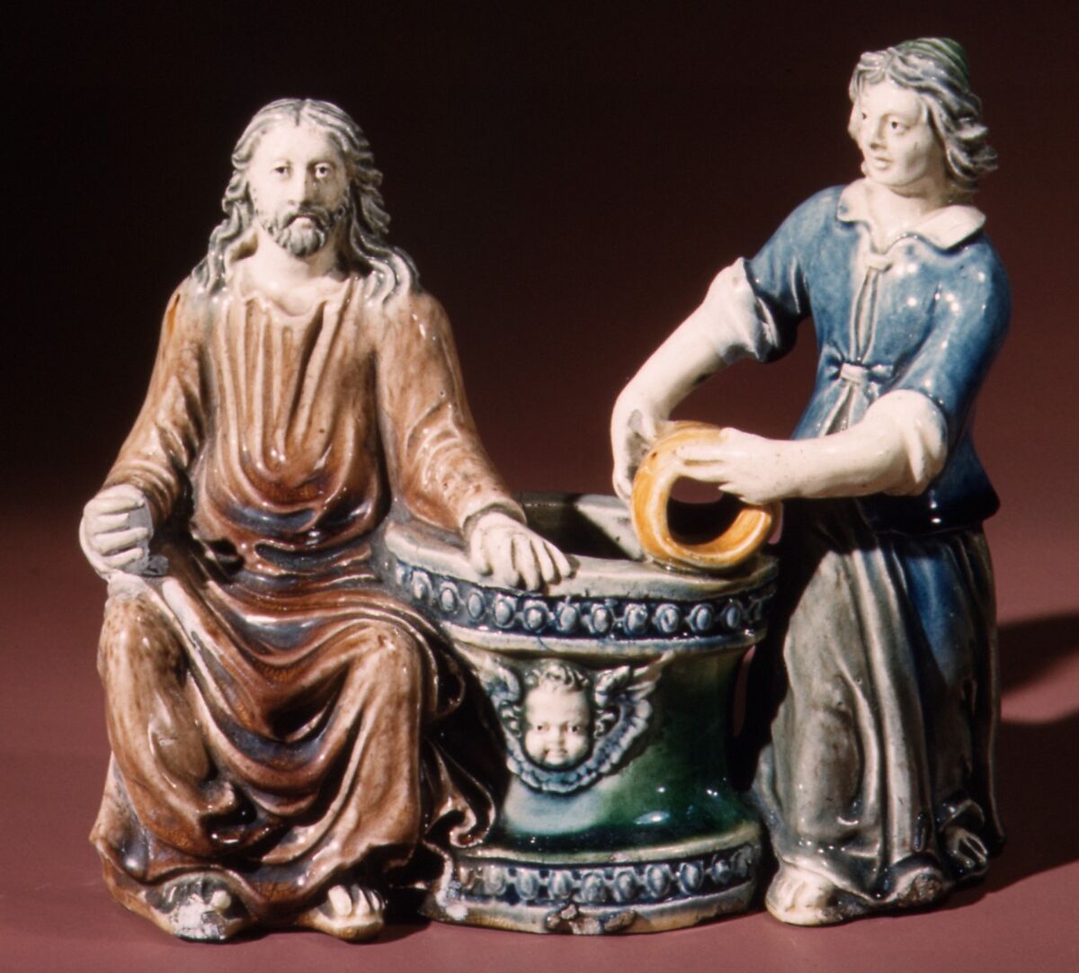Christ and the Woman of Samaria, Lead-glazed earthenware, French, Avon 