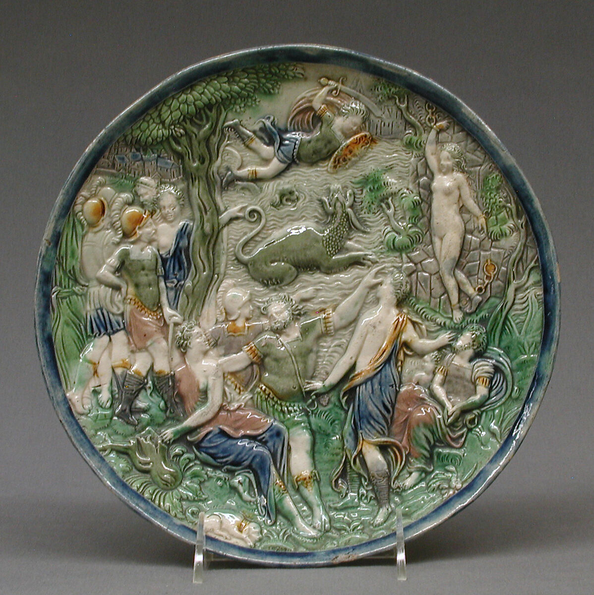 Plate, Manner of Bernard Palissy (French, Agen, Lot-et-Garonne 1510–1590 Paris), Lead-glazed earthenware, French, Fontainebleau or Avon 