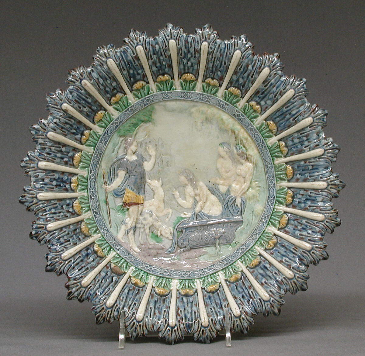 Dish with Acteon changed into a stag by Diana, Manner of Bernard Palissy (French, Agen, Lot-et-Garonne 1510–1590 Paris), Lead-glazed earthenware, French, possibly Normandy 