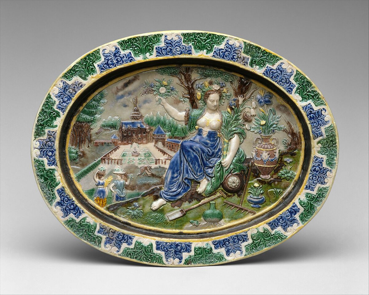 Dish with Pomona, Manner of Bernard Palissy (French, Agen, Lot-et-Garonne 1510–1590 Paris), Lead-glazed earthenware, French, Fontainebleau or Avon 