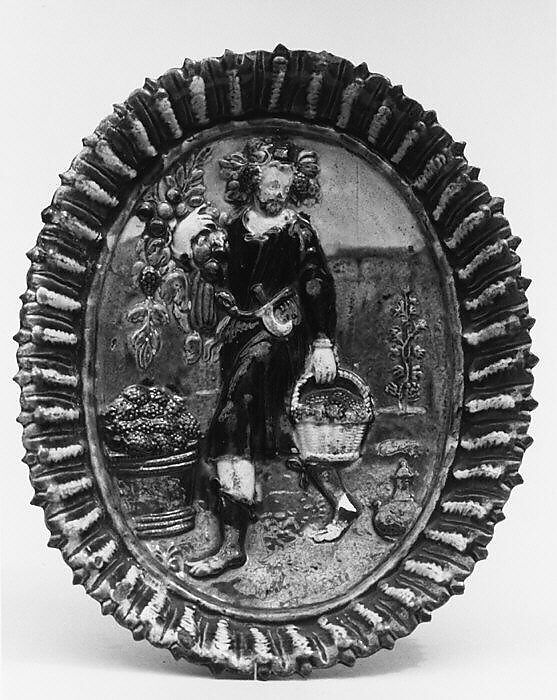 Dish with Allegory of Autumn, Manner of Bernard Palissy (French, Agen, Lot-et-Garonne 1510–1590 Paris), Lead-glazed earthenware, French 