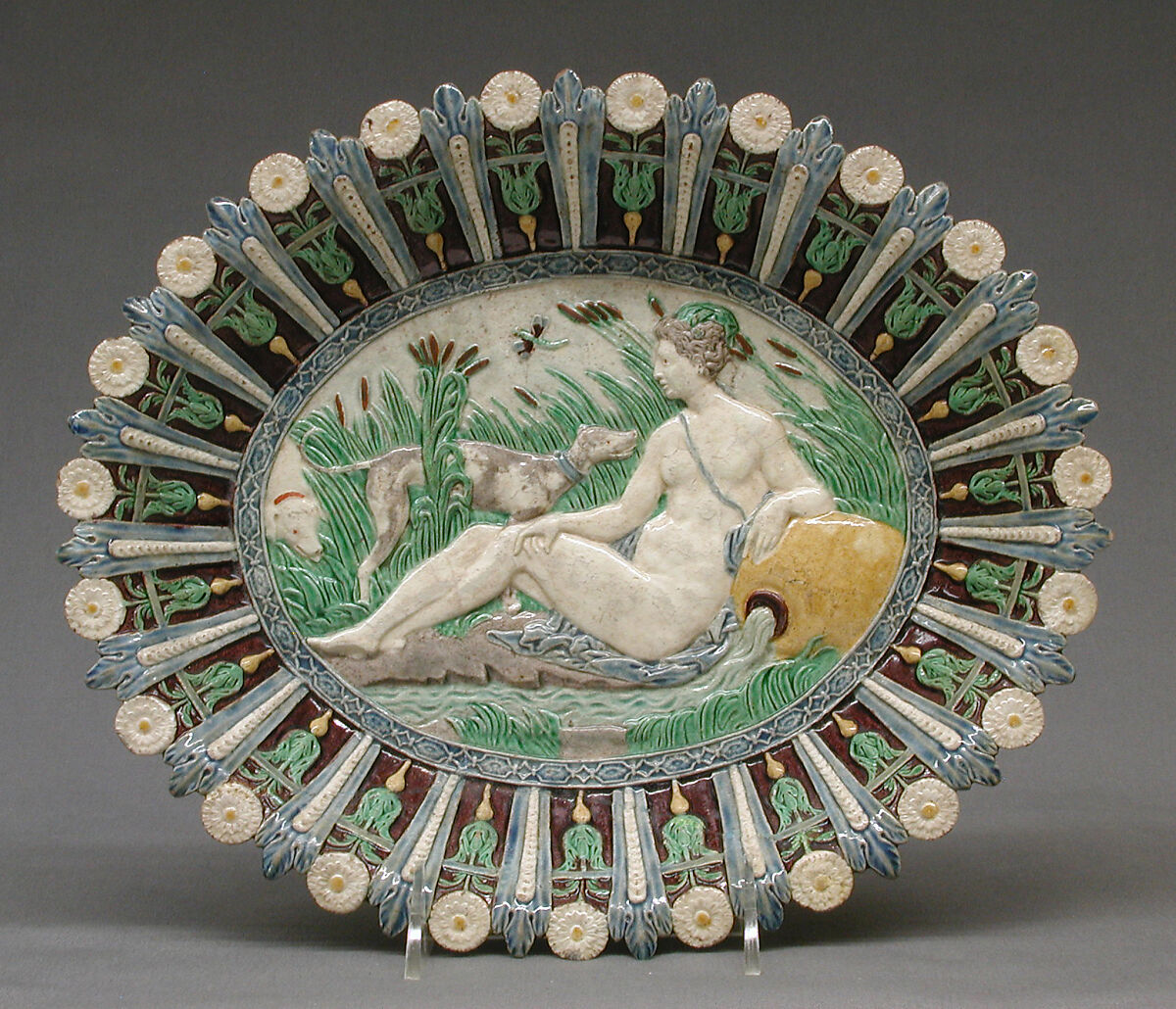 Dish with Diana, the Nymph of Fontainebleau, Manner of Bernard Palissy (French, Agen, Lot-et-Garonne 1510–1590 Paris), Lead-glazed earthenware, French 