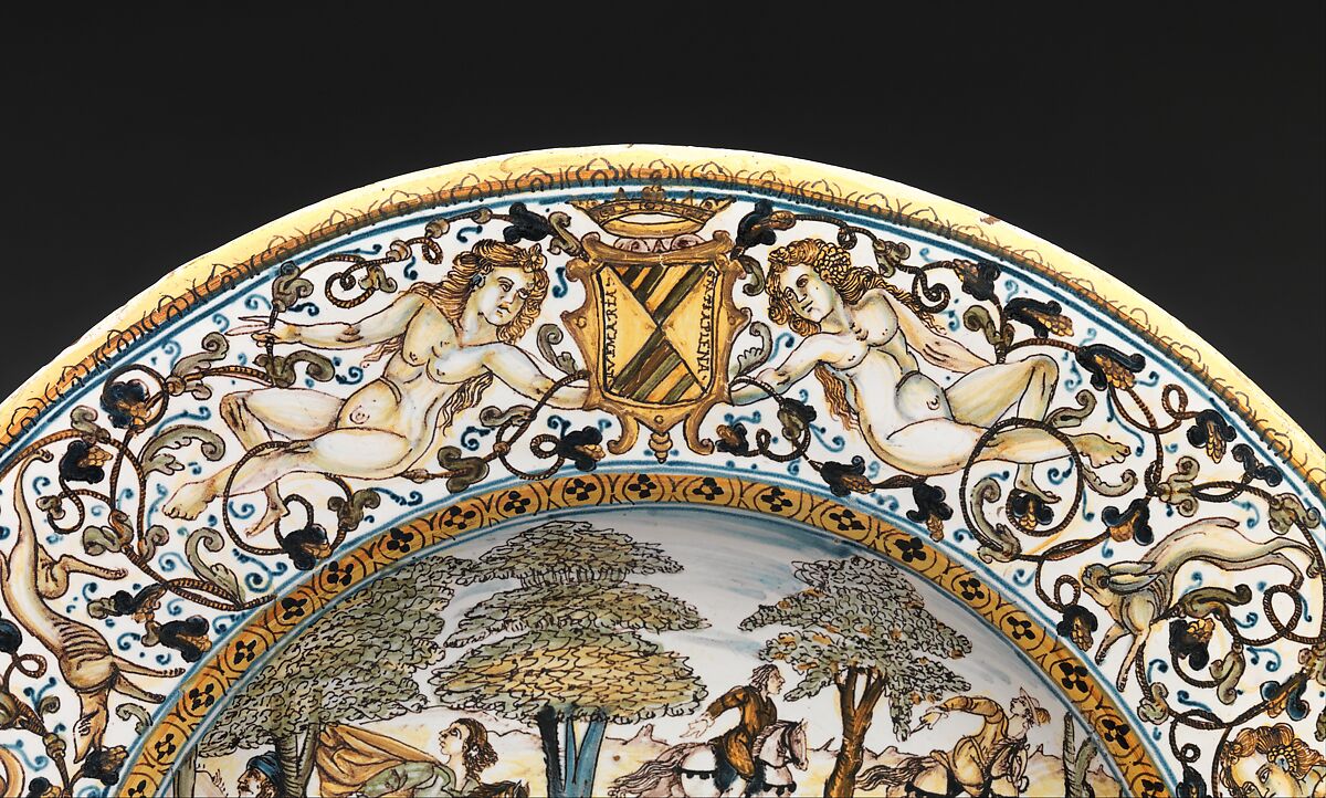 Plate with hunting scene and arms of the Alarçon y Mendoza family, Francesco Grue (Italian, active Castelli, 1618–1673) or a close associate, Maiolica (tin-glazed earthenware), Italian, Castelli
