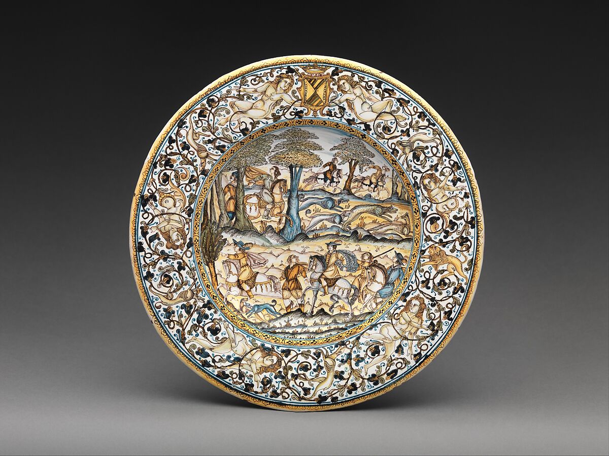 Plate with hunting scene and arms of the Alarçon y Mendoza family, Francesco Grue (Italian, active Castelli, 1618–1673) or a close associate, Maiolica (tin-glazed earthenware), Italian, Castelli 