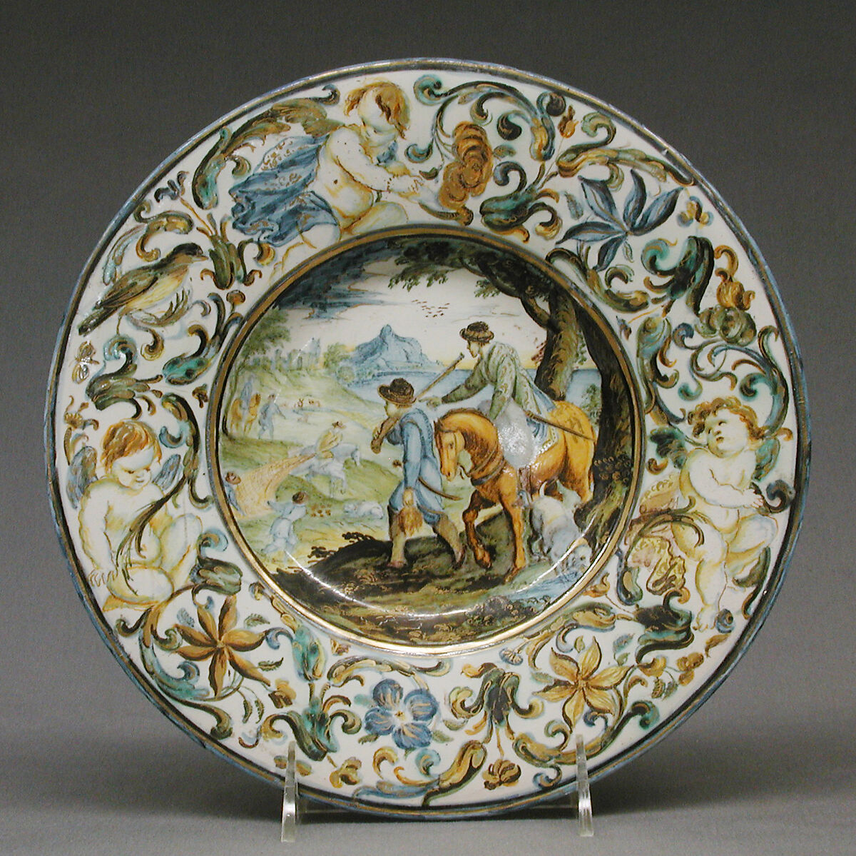 Plate, Probably workshop of Francesco Grue (Italian, active Castelli, 1618–1673), Maiolica (tin-glazed earthenware), Italian, Castelli 