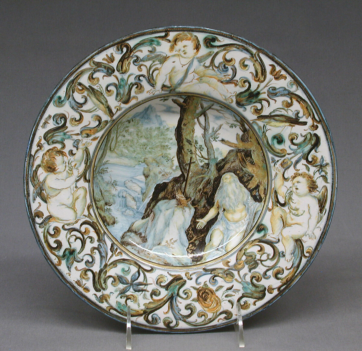 Plate, Probably workshop of Francesco Grue (Italian, active Castelli, 1618–1673), Maiolica (tin-glazed earthenware), Italian, Castelli 