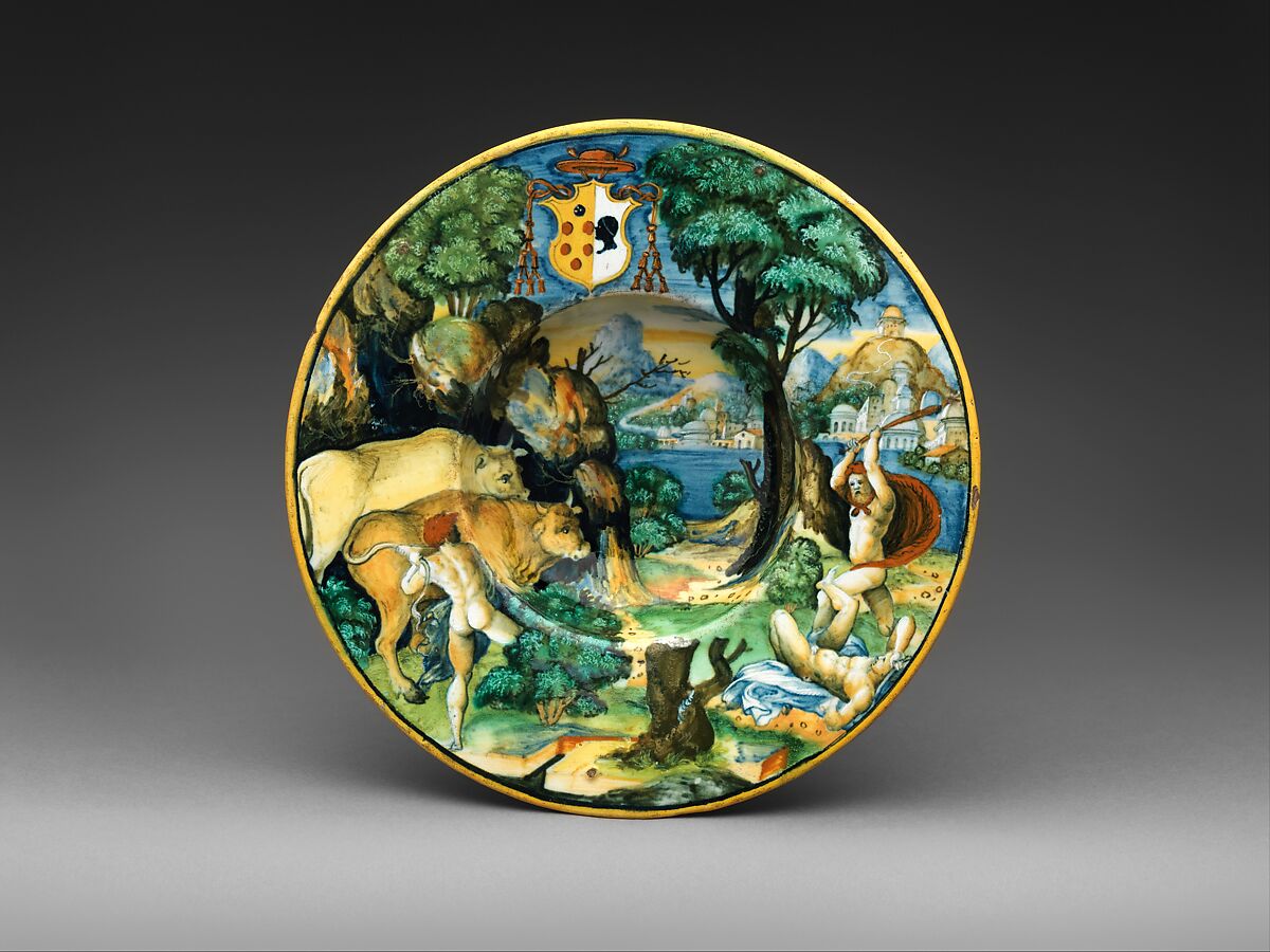 Wide-rimmed bowl with Hercules and Cacus and arms of Cardinal Antonio Pucci, Probably workshop of Guido Durantino (Italian, Urbino, active 1516–ca. 1576), Maiolica (tin-glazed earthenware), Italian, Urbino 