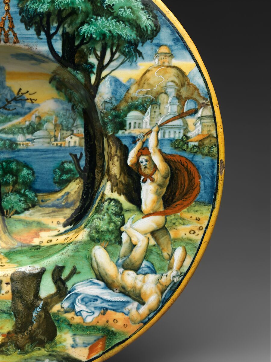 Wide-rimmed bowl with Hercules and Cacus and arms of Cardinal Antonio Pucci, Probably workshop of Guido Durantino (Italian, Urbino, active 1516–ca. 1576), Maiolica (tin-glazed earthenware), Italian, Urbino