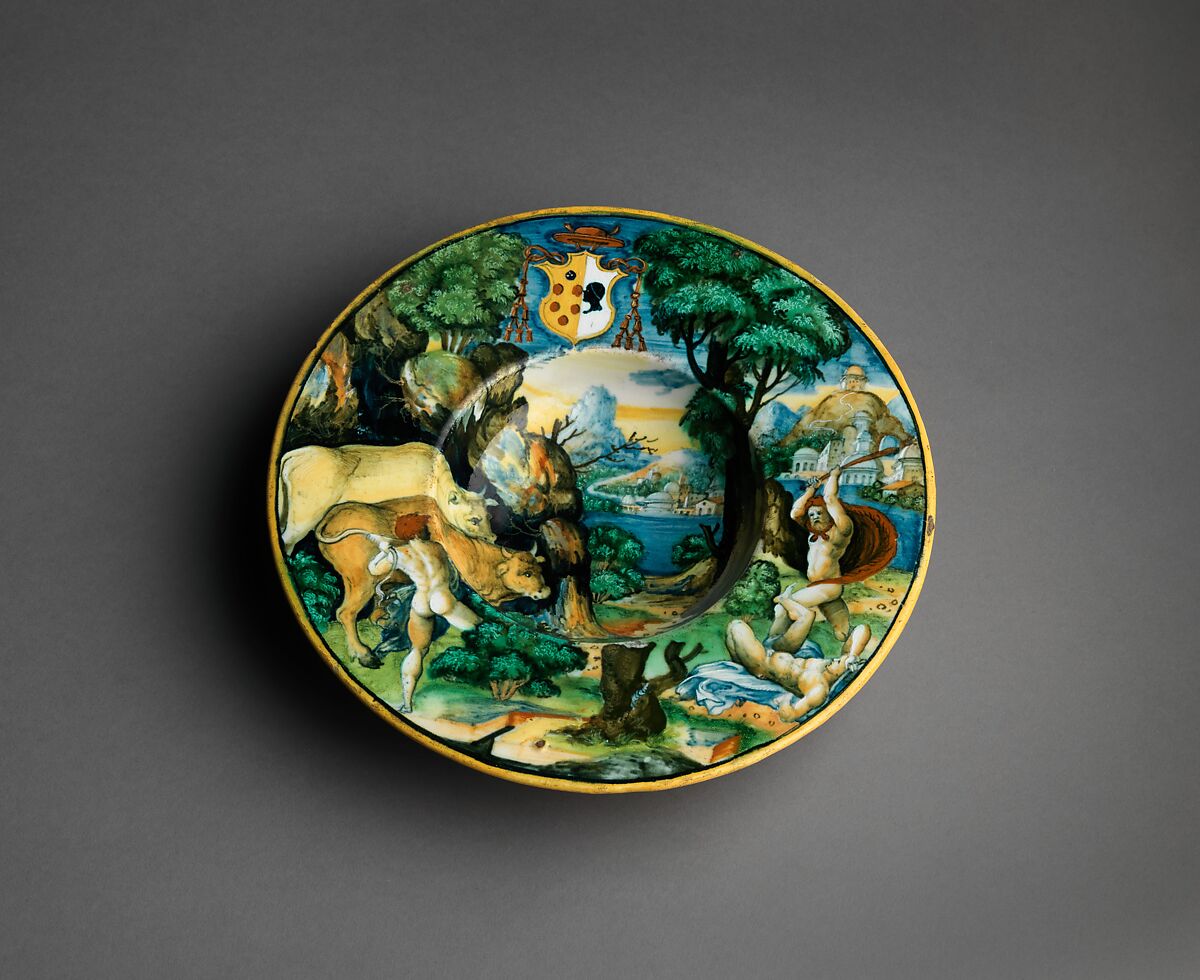 Wide-rimmed bowl with Hercules and Cacus and arms of Cardinal Antonio Pucci, Probably workshop of Guido Durantino (Italian, Urbino, active 1516–ca. 1576), Maiolica (tin-glazed earthenware), Italian, Urbino