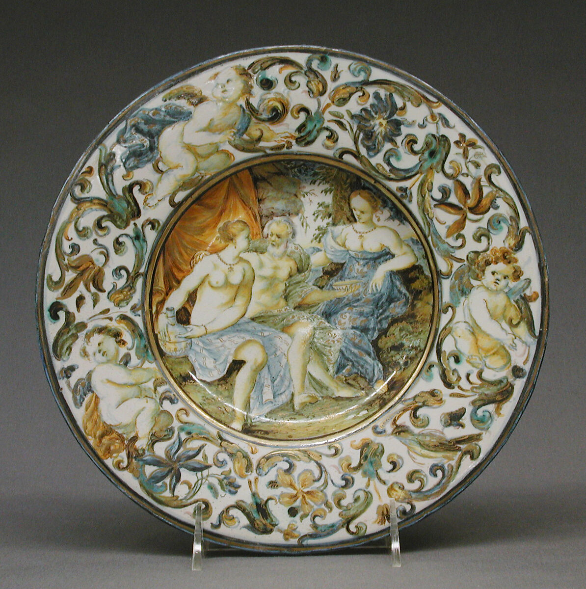 Plate, Probably workshop of Francesco Grue (Italian, active Castelli, 1618–1673), Maiolica (tin-glazed earthenware), Italian, Castelli 