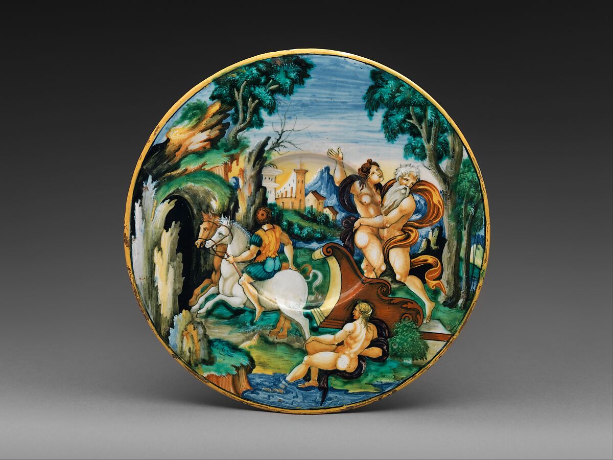 Plate with The Rape of Prosperina, Attributed to the "Milan Marsyas" Painter (Italian (Urbino), active first half of the 16th century), Maiolica (tin-glazed earthenware), Italian, Urbino 