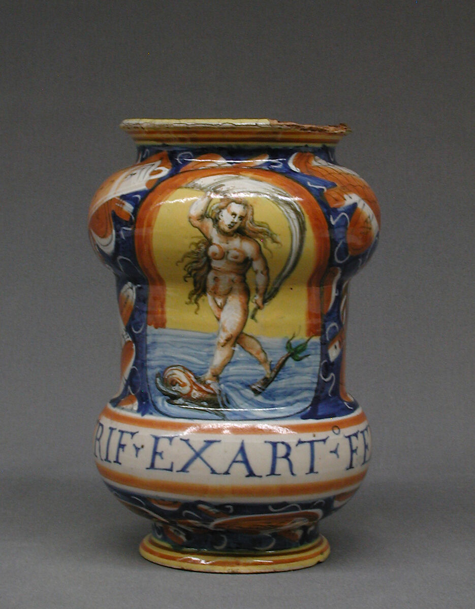Pharmacy jar (albarello) (one of a pair), Maiolica (tin-glazed earthenware), Italian, probably Pesaro 